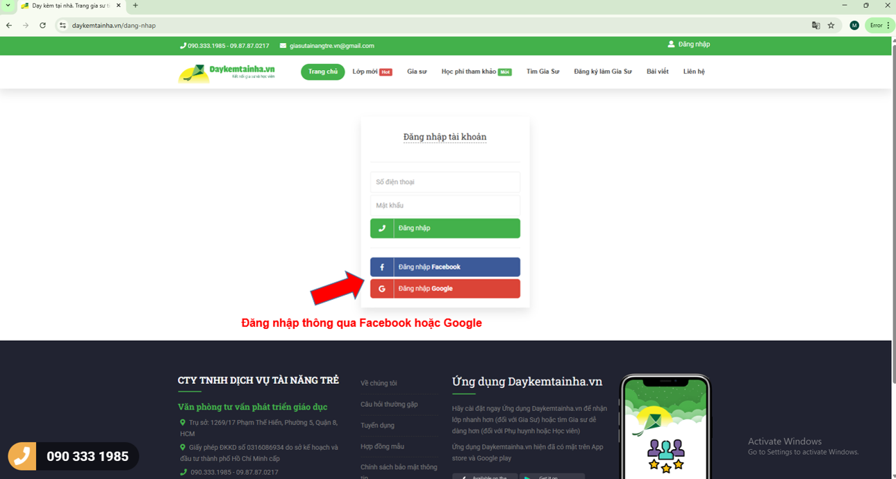 Đăng nhập Daykemtainha.vn FB hoặc GG